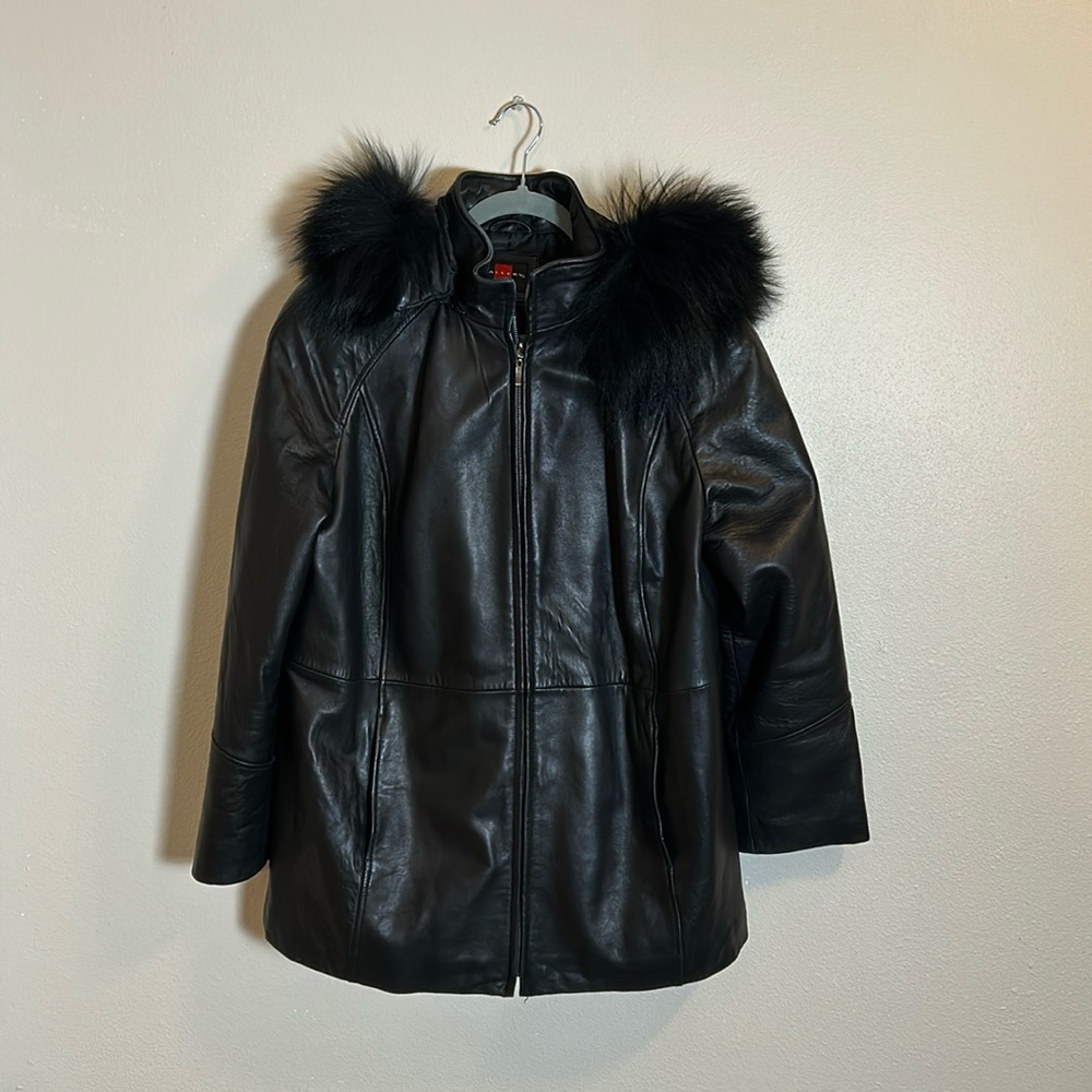Vintage Gallery Black Leather Coat With Fox Fur Trim Hood